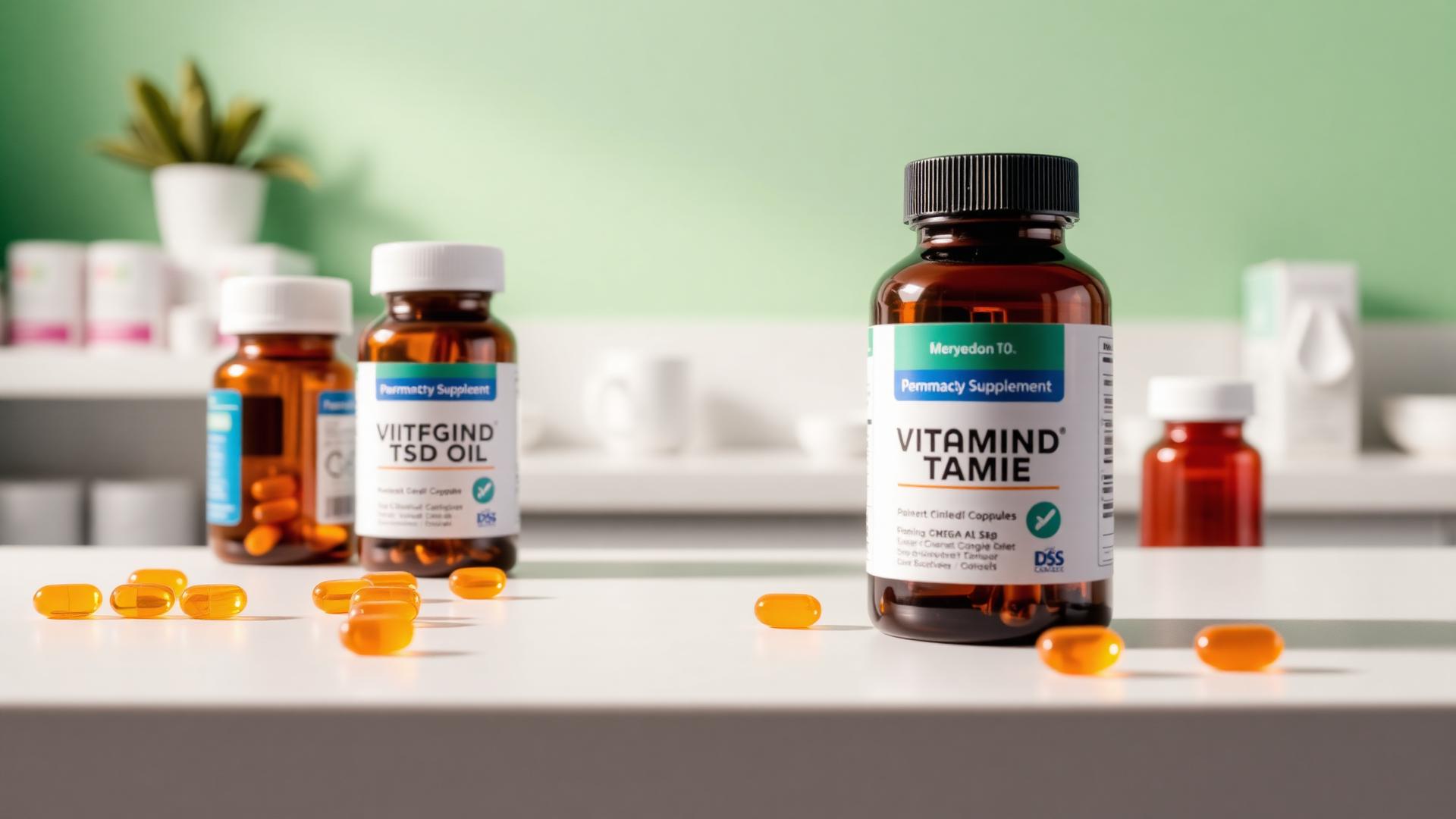 Pharmacy-grade amber bottles of omega-3 and vitamin D supplements on a clinical counter