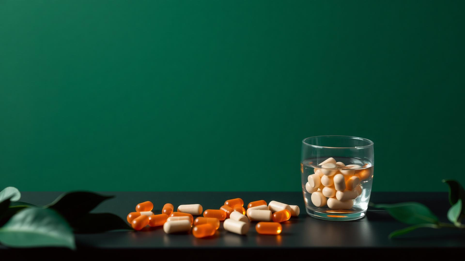 Immune support capsules and tablets beside a glass of water on a deep evergreen background
